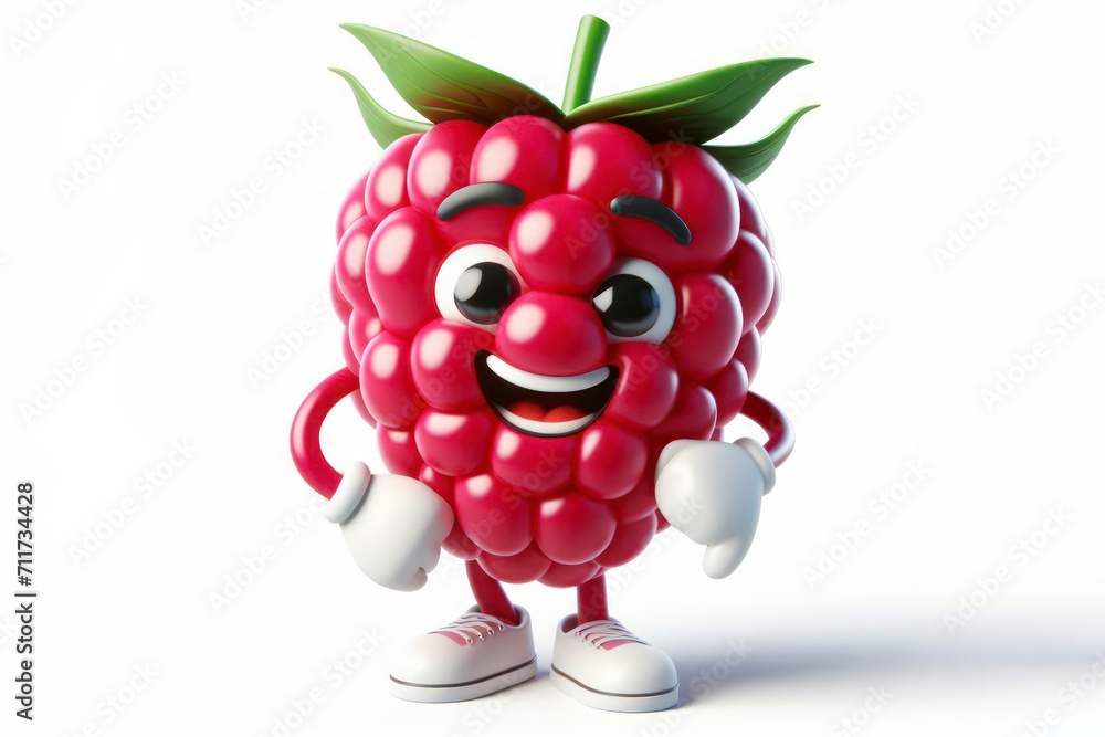 Poster 3d raspberries character with a smiling face on a white background. ai generative