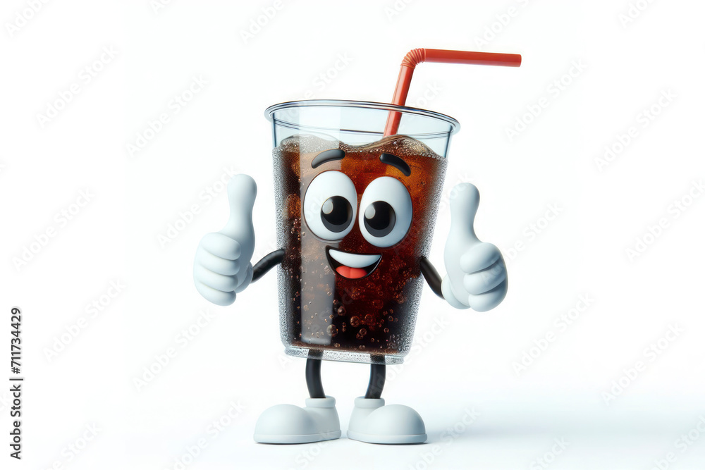 Poster 3d soda in a glass with a straw character with a smiling face on a white background. ai generative