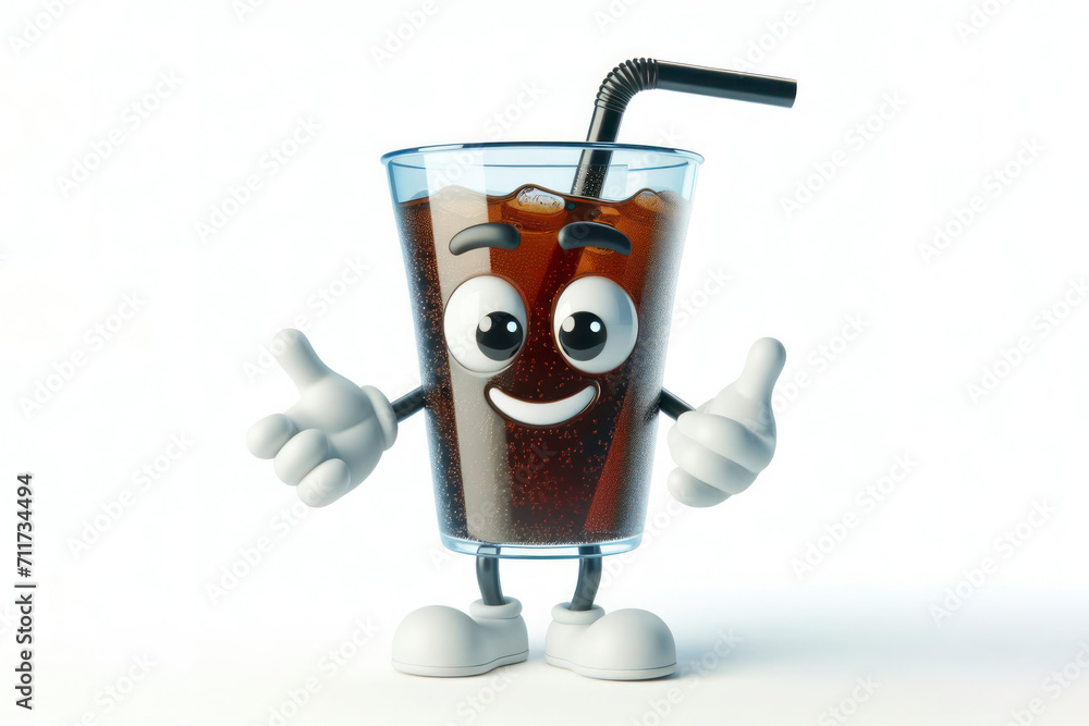 Poster 3d soda in a glass with a straw character with a smiling face on a white background. ai generative