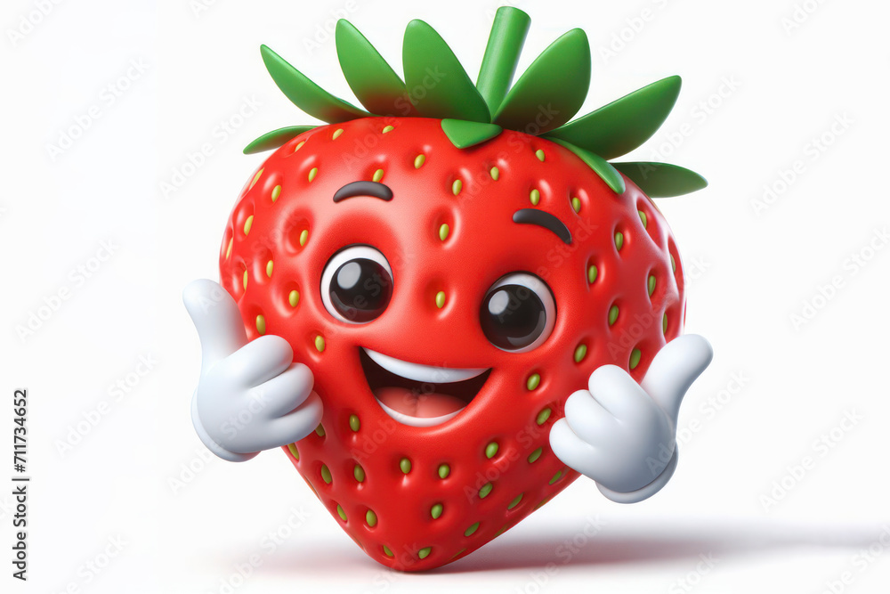 Poster 3d strawberry character with a smiling face on a white background. ai generative