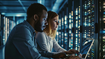 Male and a female IT professional in a data center, with the woman holding a tablet and the man observing, likely collaborating on a task.