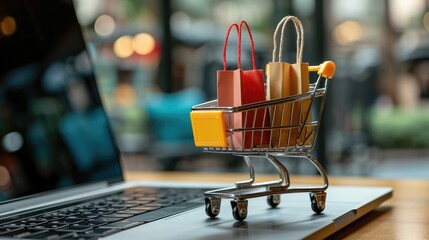 Generative AI, shopping cart with shopping bags standing on laptop keyboard, shop online, free delivery, discounts and sale concept.	
 - obrazy, fototapety, plakaty