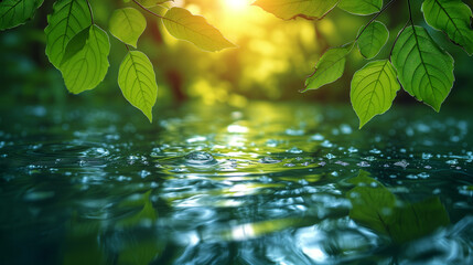 Transparent clean water and sunlight reflection, green leaves. Beauty background, mockup, spa and wellness, copy space