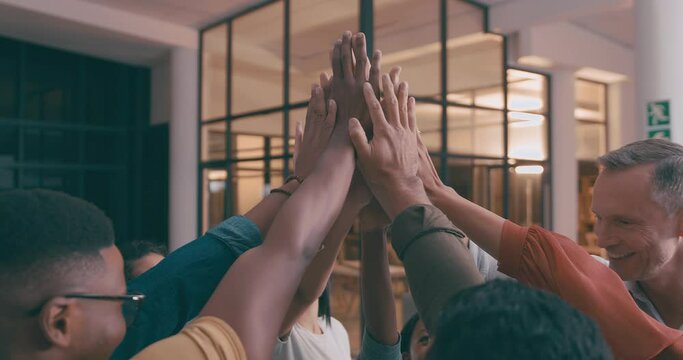 Business people, teamwork or high five of hands for support, success or solidarity of victory, synergy or winner. Happy group, collaboration or celebrate achievement of deal, integration or agreement