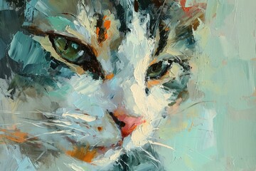 Soft Cat Oil Painting on Raw Linen Canvas comprise Light Blue and Green Colors - Flat Figuration Cat Portrait with Warm Color Palette Wallpaper created with Generative AI Technology