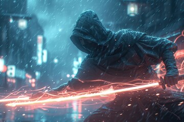 Cinematic hero samurai jedi with burning lightsaber, dark rainy epic style, mask superhero costume