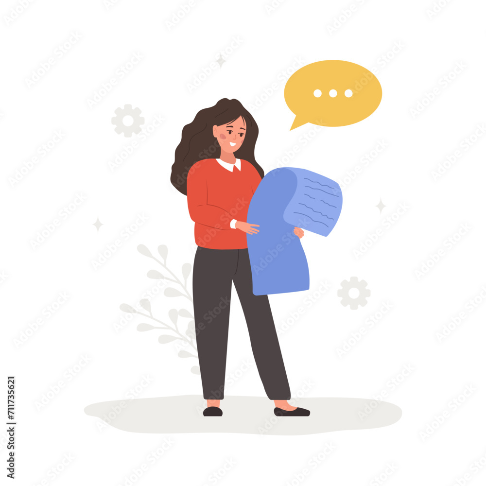 Aufkleber user manual concept. female character with guide instruction. woman reading user agreement, terms an