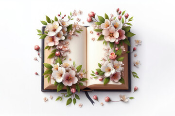 Open empty Book entwined with blooming spring flowers on a white background. ai generative