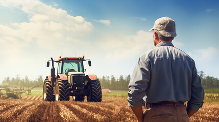 Farmer watches a tractor working in a field. Agricultural preparatory spring work. Agricultural sector concept