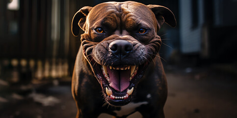 Angry dog snarling at the camera. Aggressive dog shows dangerous teeth. Generative AI
