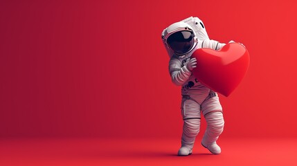 Astronaut hugging a large soft red heart on red background. Generative AI