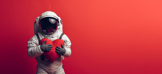 Astronaut hugging a large soft red heart on red background. Generative AI - obrazy, fototapety, plakaty