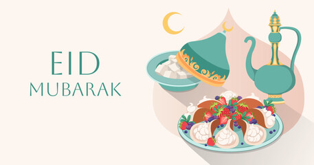 Eid Mubarak greeting banner. Festive background with Arabic sweets and tea. Traditional food.