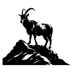 mountain goat on hills black silhouette logo svg vector, goat icon illustration.