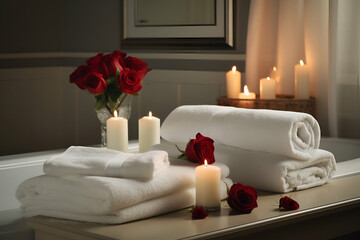 Tranquil setting with soft towels, robe, spa chair, and red roses. Indulgent comfort and natural beauty in soft, diffused lighting.
