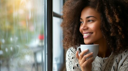 A Smiling Young Woman in Home Looking Outside Window with Cup of Coffee