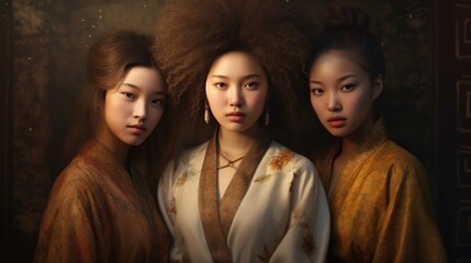 Portrait of three beautiful asian women in kimono.