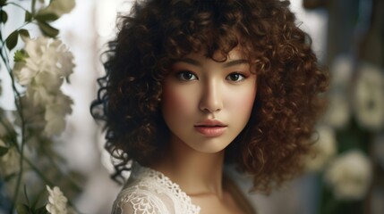 Beautiful young woman with curly hair and makeup. Beauty, fashion. - obrazy, fototapety, plakaty