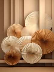 Abstract 3D illustration of decorative paper fans, in a monochromatic palette, with a focus on texture and depth in a minimalist setting