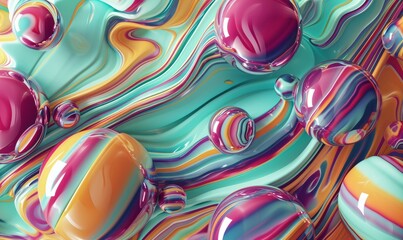 A vibrant 3D abstract illustration featuring glossy spheres and twisted lines, to give the impression of depth and dynamism, embodying contemporary aesthetics - obrazy, fototapety, plakaty