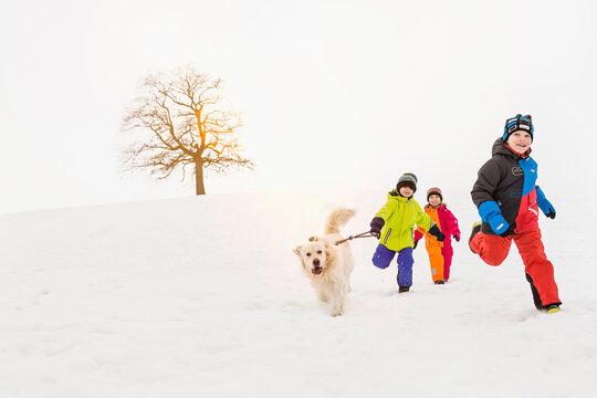 Three young kids running and playing in the snow in winter. Wolfratshausen, Bavaria, Germany 