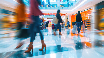 Dynamic Shopping Rush, Consumers in Motion at a Bright, Modern Mall