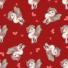 Pattern unicorn with a long mane. Illustration of a galloping magical unicorn. For the design of prints, posters, postcards, logos, icons