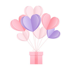 Valentine's Day card with a gift box and floating paper cut hearts balloons. 
