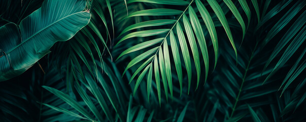 Close-up, high-resolution view of vibrant green palm leaves with varying shades of green, showcasing the intricate patterns and textures of the foliage.