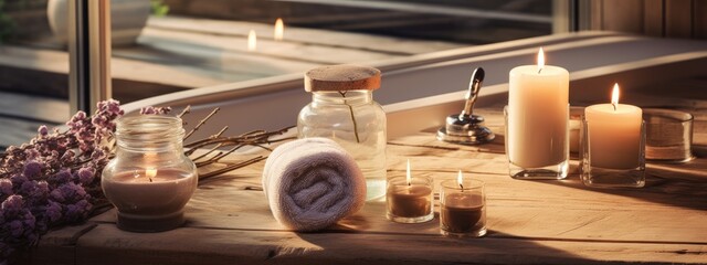 Fototapeta na wymiar Spa on wooden table. beauty treatment items for spa massage stones, essential oils and sea salt