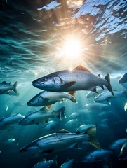 Fotobehang shoal of salmon underwater at open sea © c_ART_oons