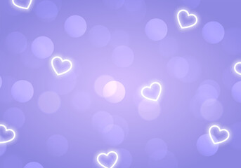 Valentine's Day background in purple colors with bokeh lights and neon hearts 
