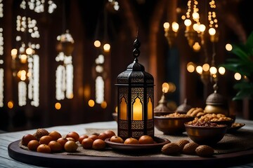 Fototapeta na wymiar Lantern that have moon symbol on top and small plate of dates fruit with night sky and city bokeh light background for the Muslim feast of the holy month of Ramadan Kareem generated by AI