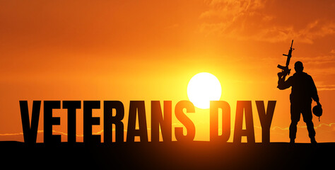 USA army soldier and Veterans Day lettering on sunset background. 3d illustration
