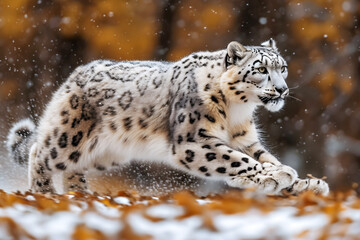 Snow Leopard running in snow.