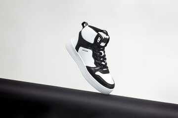 Stylish trendy fashionable minimalism footwear. Concept of levitation shoes. Creative layout or banner.