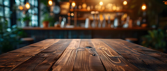 A dark wood table in a cozy cafe with a blurred background, creating a warm and inviting atmosphere for dining and relaxation. - obrazy, fototapety, plakaty