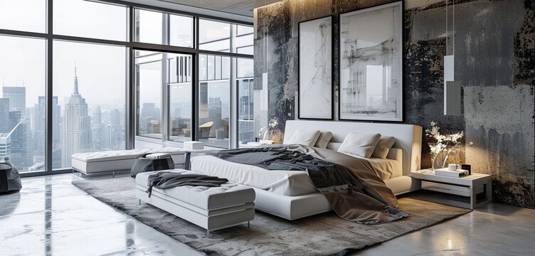 High-end penthouse Contemporary bedroom with a designer bed, panoramic views, intricate skyline wall patterns, and a blank mockup frame