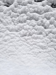 Snow on the roof of a car in winter. Close-up