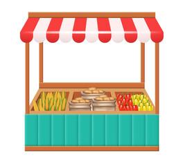 Market stall. Wooden market stand stall with red white striped awning. Vector clipart isolated on white background.