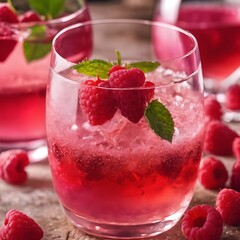 Pink cocktail with champagne or prosecco and fresh raspberries for St. Valentine day