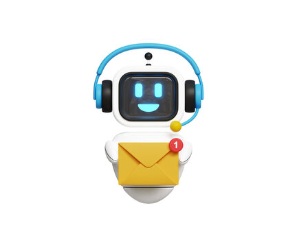 Digital AI newsletter concept. AI-powered Email Marketing Automation. Marketing automation, email software, artificial intelligence. Robot holding envelope or email in hand. 3d illustration