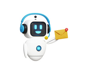 Automated email marketing concept. Marketing automation, email software, artificial intelligence. 3D 3D robot holding letter or email in hand. 3d illustration