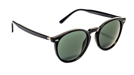 black retro fashion sunglasses with round lenses isolated on white background, side view, mens and womens unisex hipster thrift store fashion, beach travel accessories, 1960s, 1970s, 1980s, 1990s