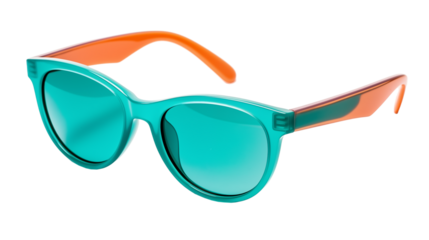 turquoise fashion sunglasses with orange accents, translucent frames isolated on a transparent background, side view, mens and womens hipster summer fashion, unisex beach swim and travel accessories