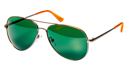 wire frame fashion sunglasses with green lenses  orange accents, , isolated on a transparent background, side angle, mens and womens hipster summer fashion, unisex beach day and travel accessories