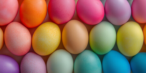 Fototapeta na wymiar Happy Easter. Colorful dyed Easter eggs arranged in rows, vibrant pastel shades.