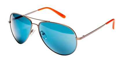 wire frame fashion sunglasses with blue lenses  orange accents, , isolated on a transparent background, side angle, mens and womens hipster summer fashion, unisex beach day and travel accessories