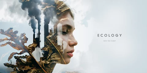 Fotobehang Ecology. Conceptual ecology banner blending a woman's face with industrial pollution and withered leaves. © Alena
