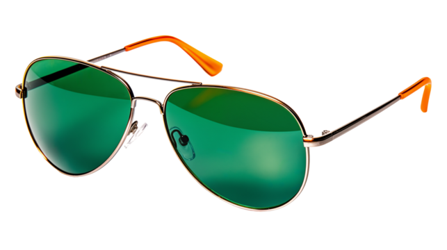 wire frame fashion sunglasses with green lenses orange accents, , isolated on a transparent background, side angle, mens and womens hipster summer fashion, unisex beach day and travel accessories